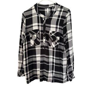 Kensie XL Button Up Shirt Plaid Black White Long Sleeve Soft Viscose Top